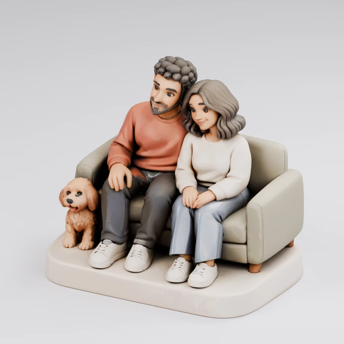 3D design example of a couple and dog sitting on a sofa on a keepsake base
