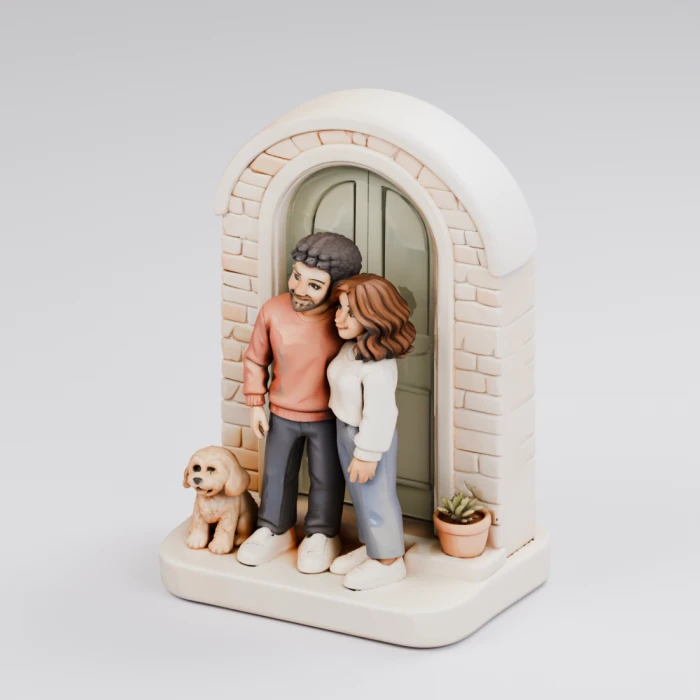 3D design example of a couple and dog at their front door on a keepsake base
